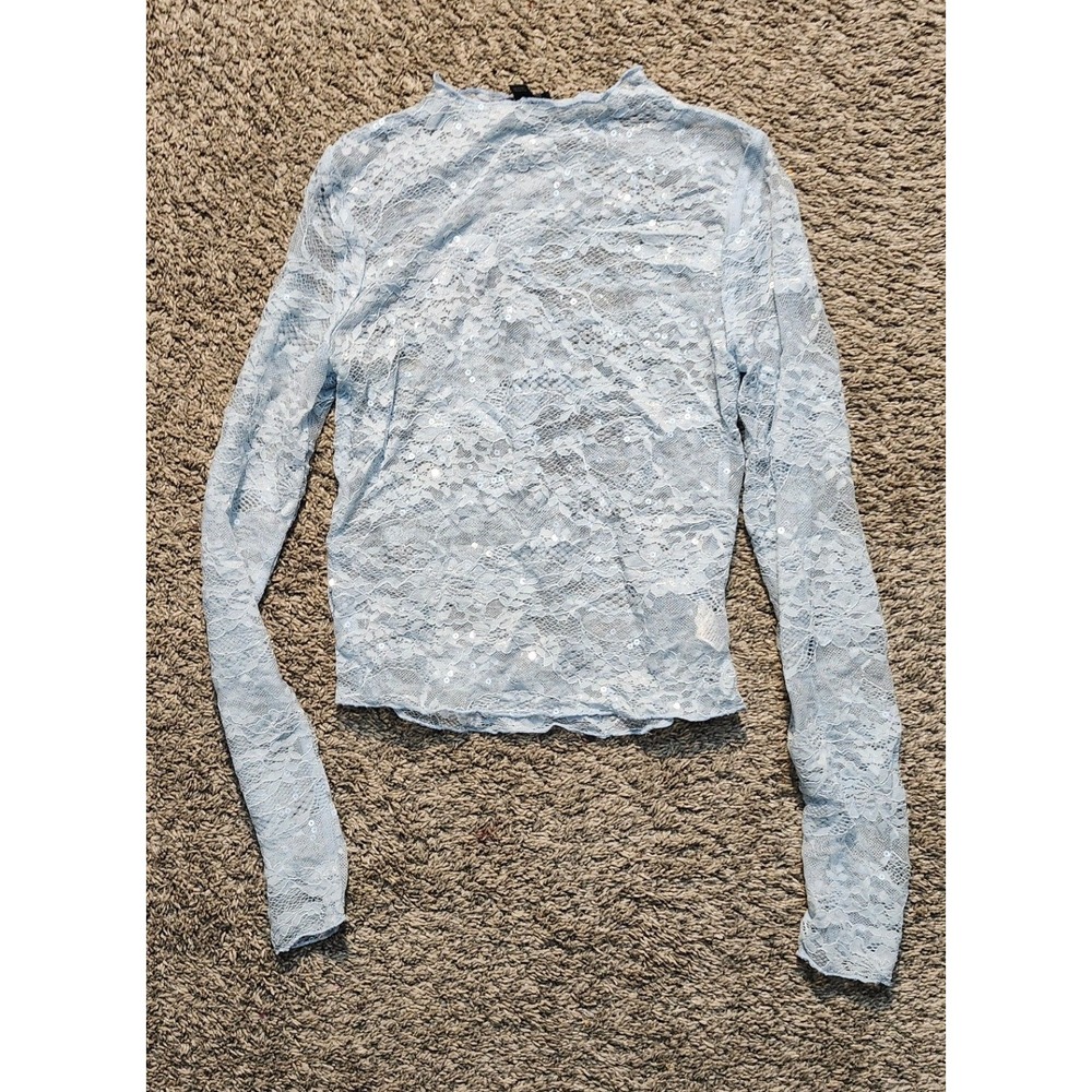 Wild Fable Light Blue Floral Lace Sequin‎ Mock Neck Long Sleeve Sheer Top Small